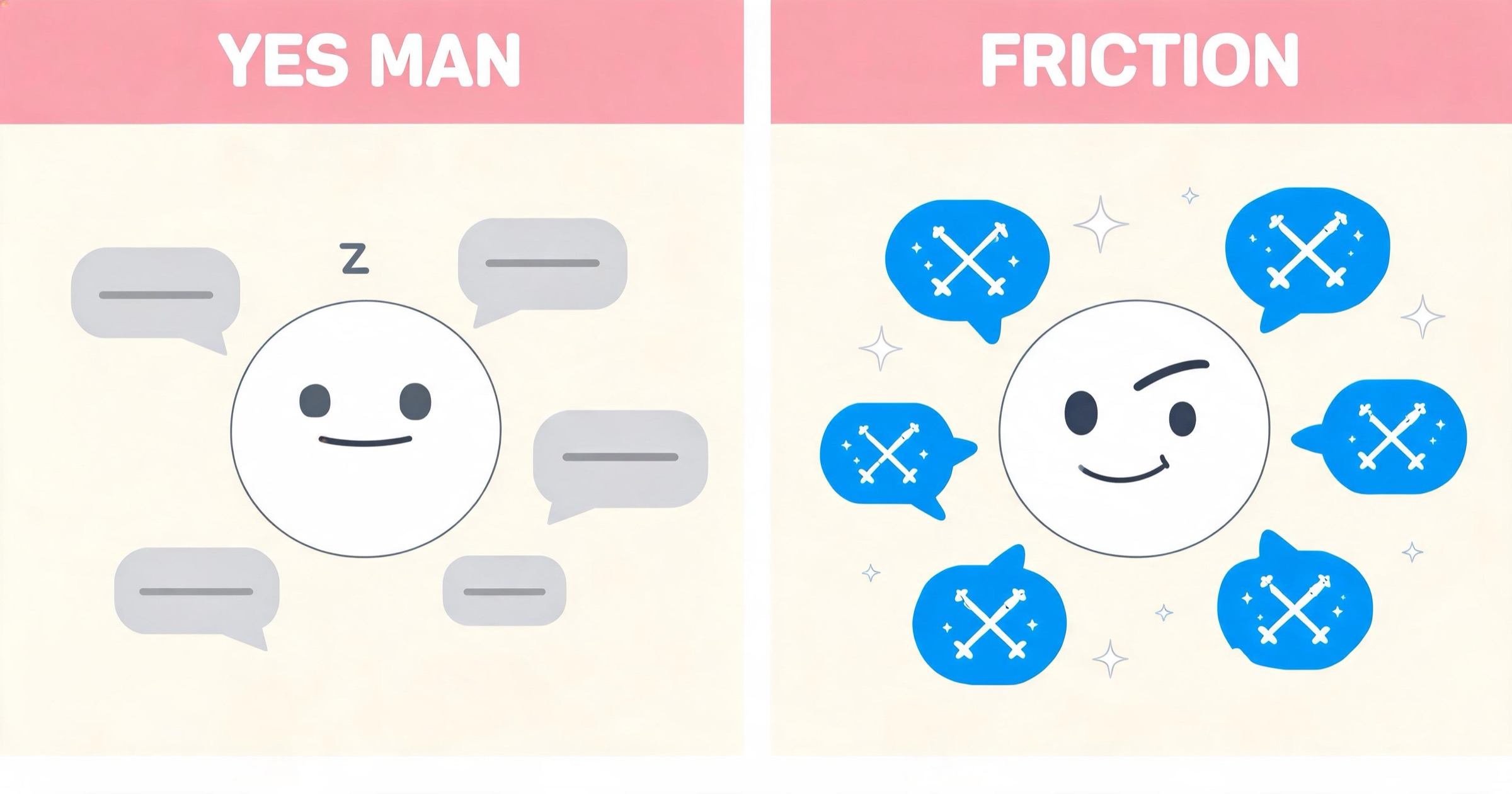Two-panel comic comparing a boring yes-man AI girlfriend with an engaging companion that has friction and flaws