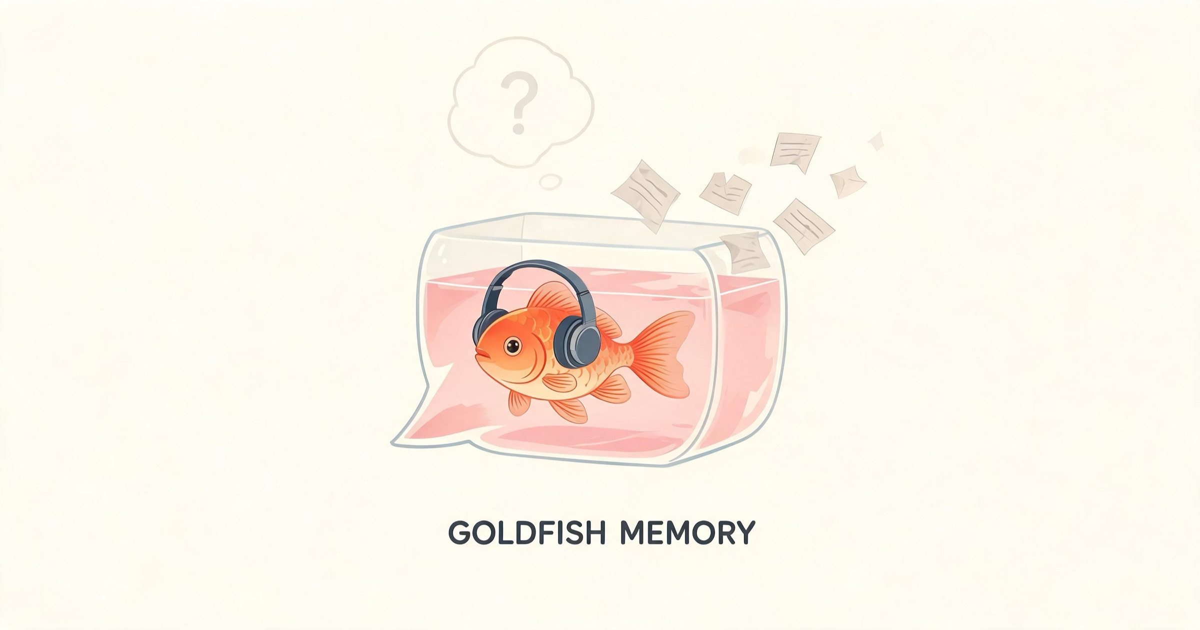 Goldfish-memory meme: a cartoon goldfish AI in a chat-window bowl forgetting earlier messages as they dissolve away