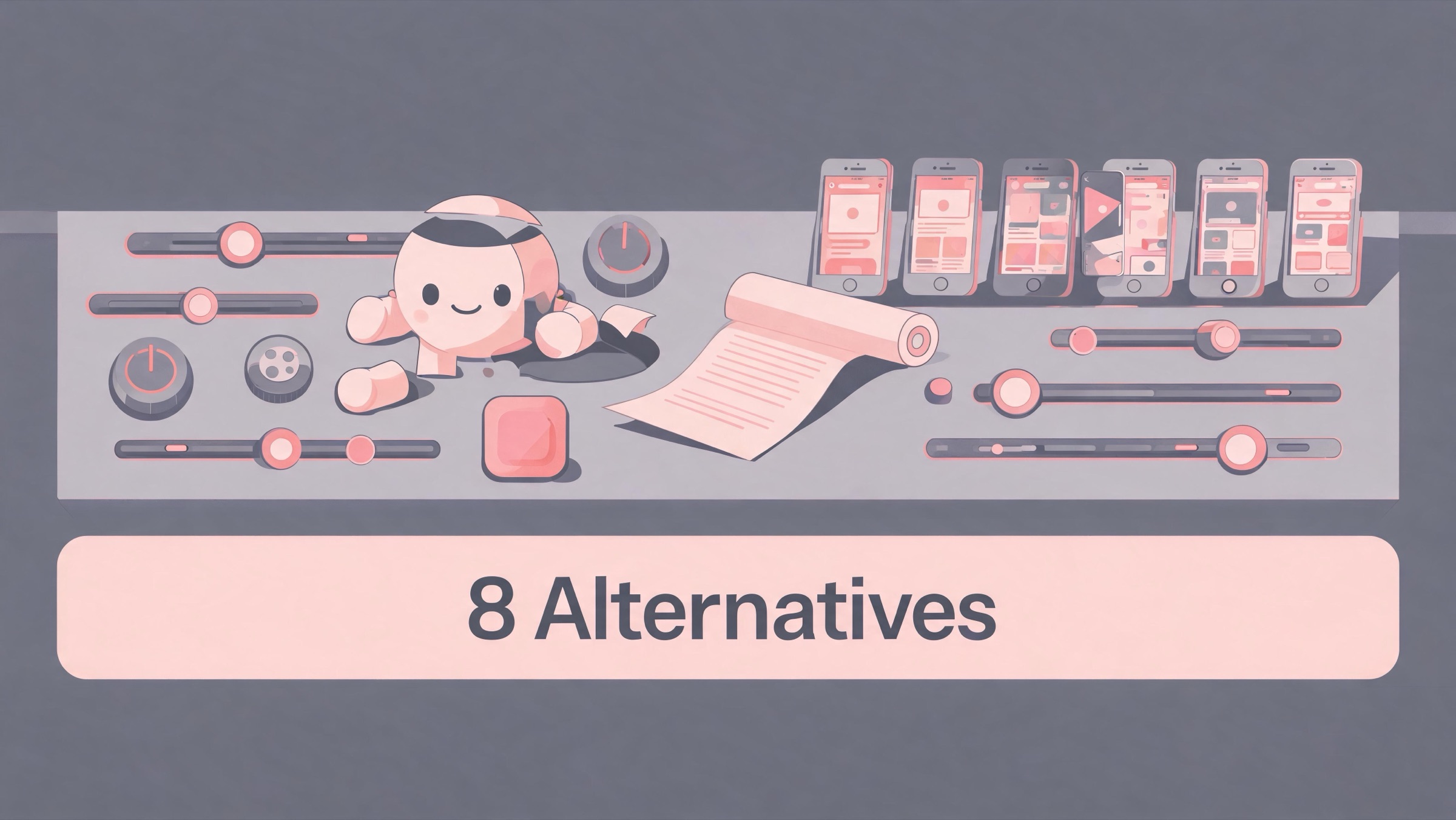 Illustration of a customizable AI companion on a workbench beside six alternative companion apps, header for a Kindroid alternatives comparison