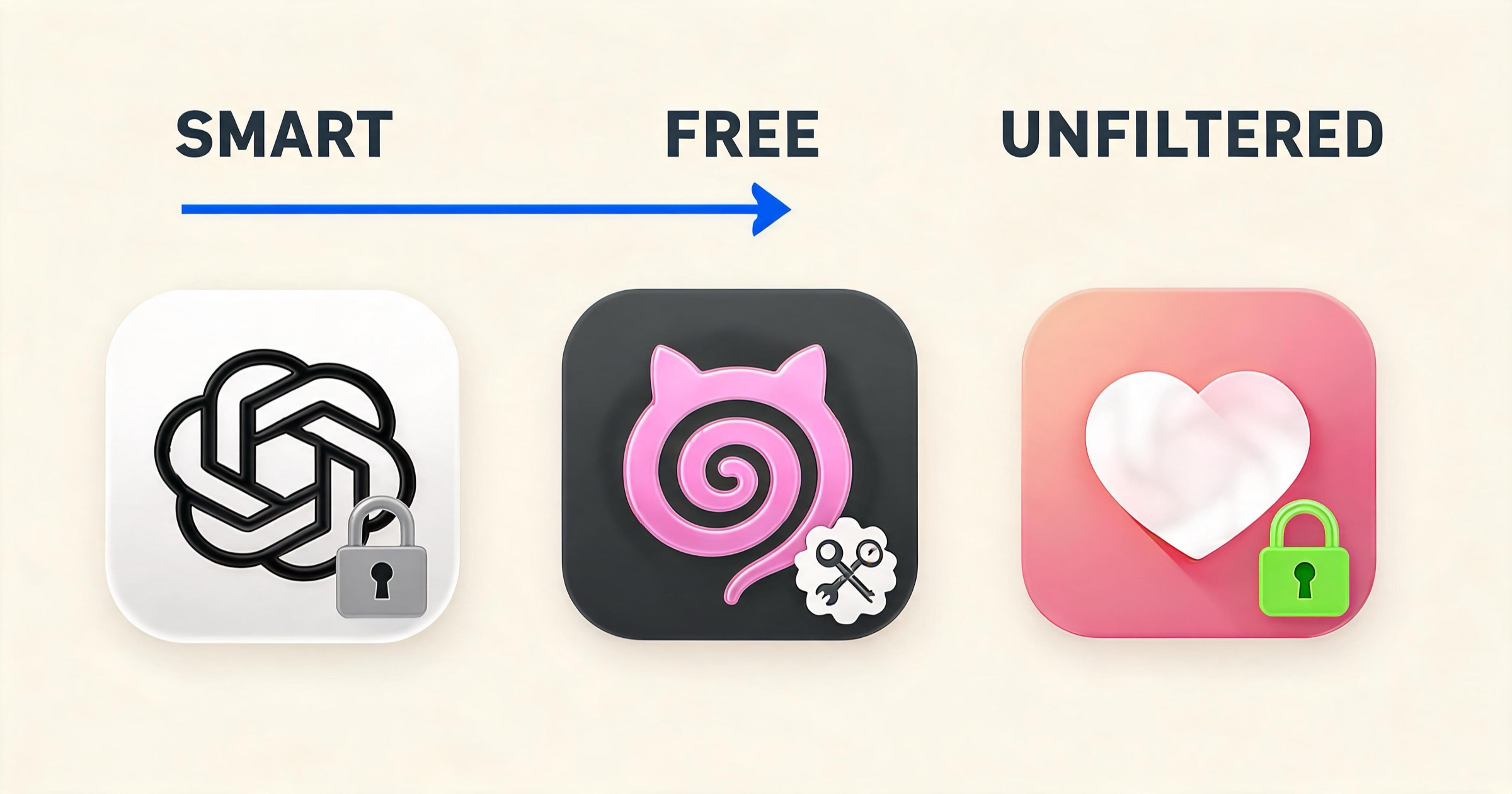 Spectrum infographic comparing ChatGPT, Janitor AI and Kissable on filtering and ease of use
