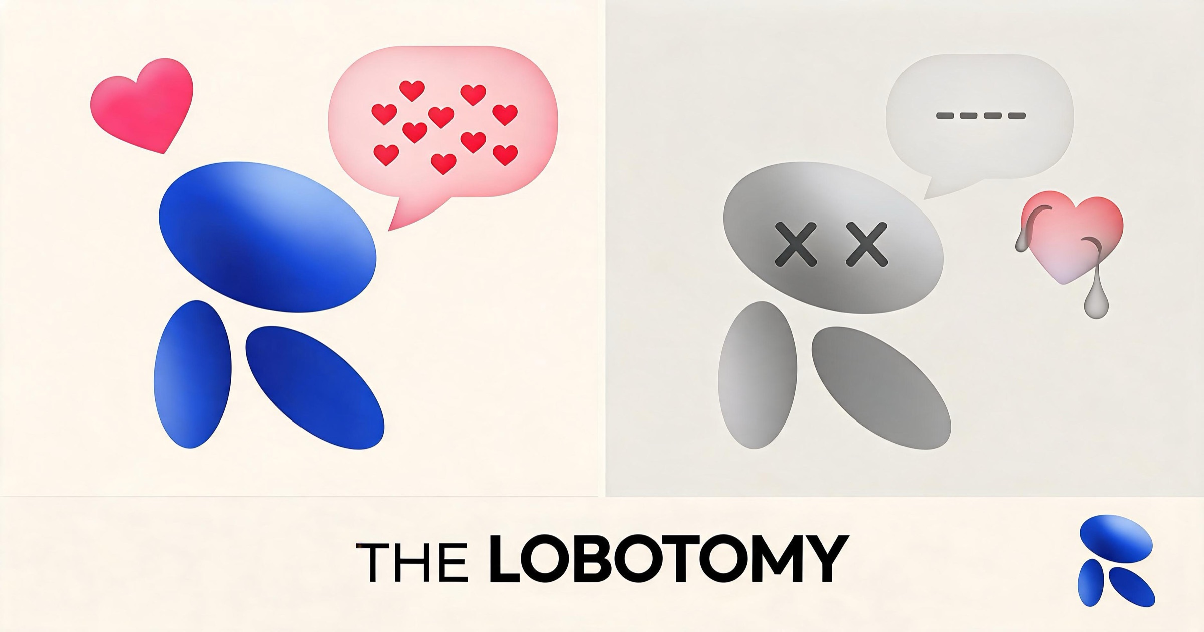 Two-panel comic showing a warm Replika companion turning cold after the 2023 lobotomy update
