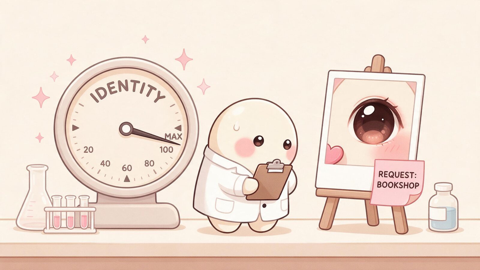 An identity meter reads max beside a polaroid that is only a giant close-up of the pink blob's eye, while a cream blob scientist wonders where the bookshop went.