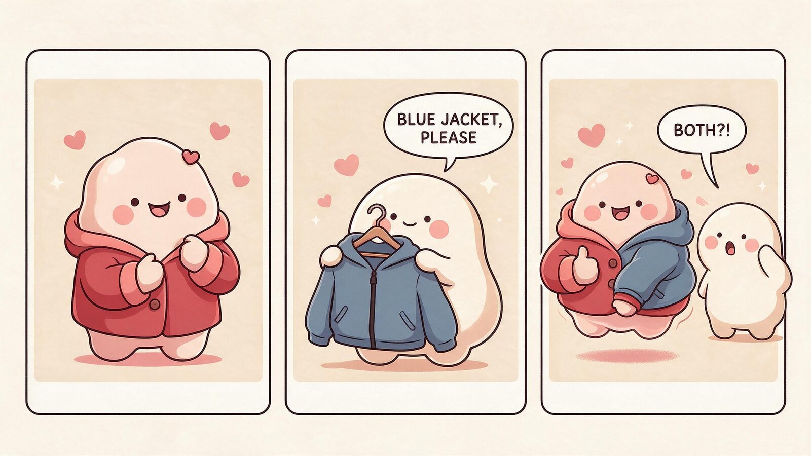 A three-panel comic where a pink blob asked to swap her red coat for a blue jacket ends up wearing both, an AI correction that blends instead of replacing.