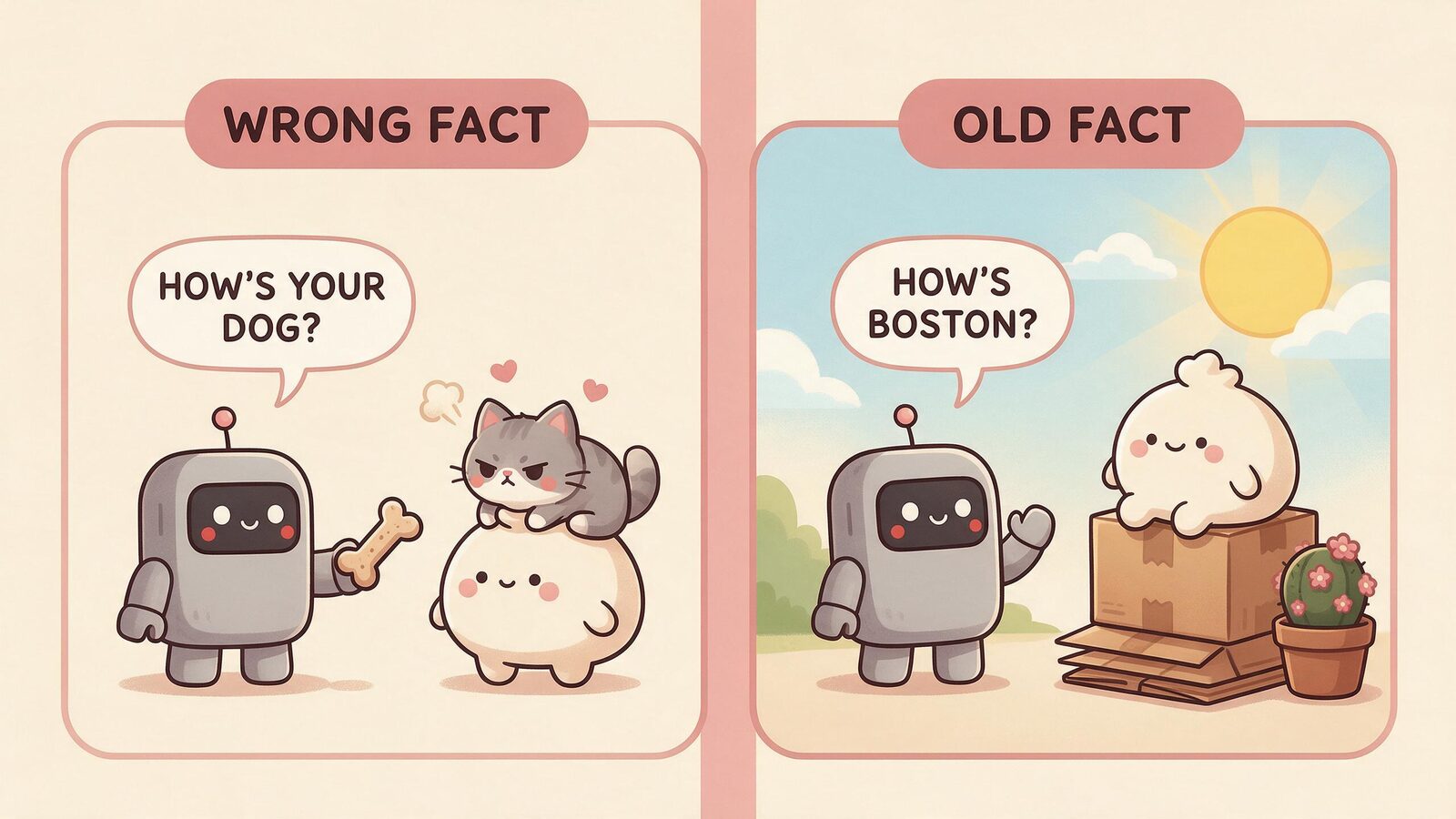 Two-panel kawaii comic: a grey robot blob asks about a dog while an offended cat sits on the user's head, then asks about Boston after the user moved.