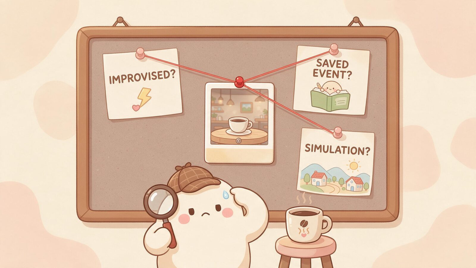 Cream blob detective puzzling over a corkboard linking a café polaroid to three suspects — improvised, saved event, simulation — showing one sentence can't reveal an AI's architecture.