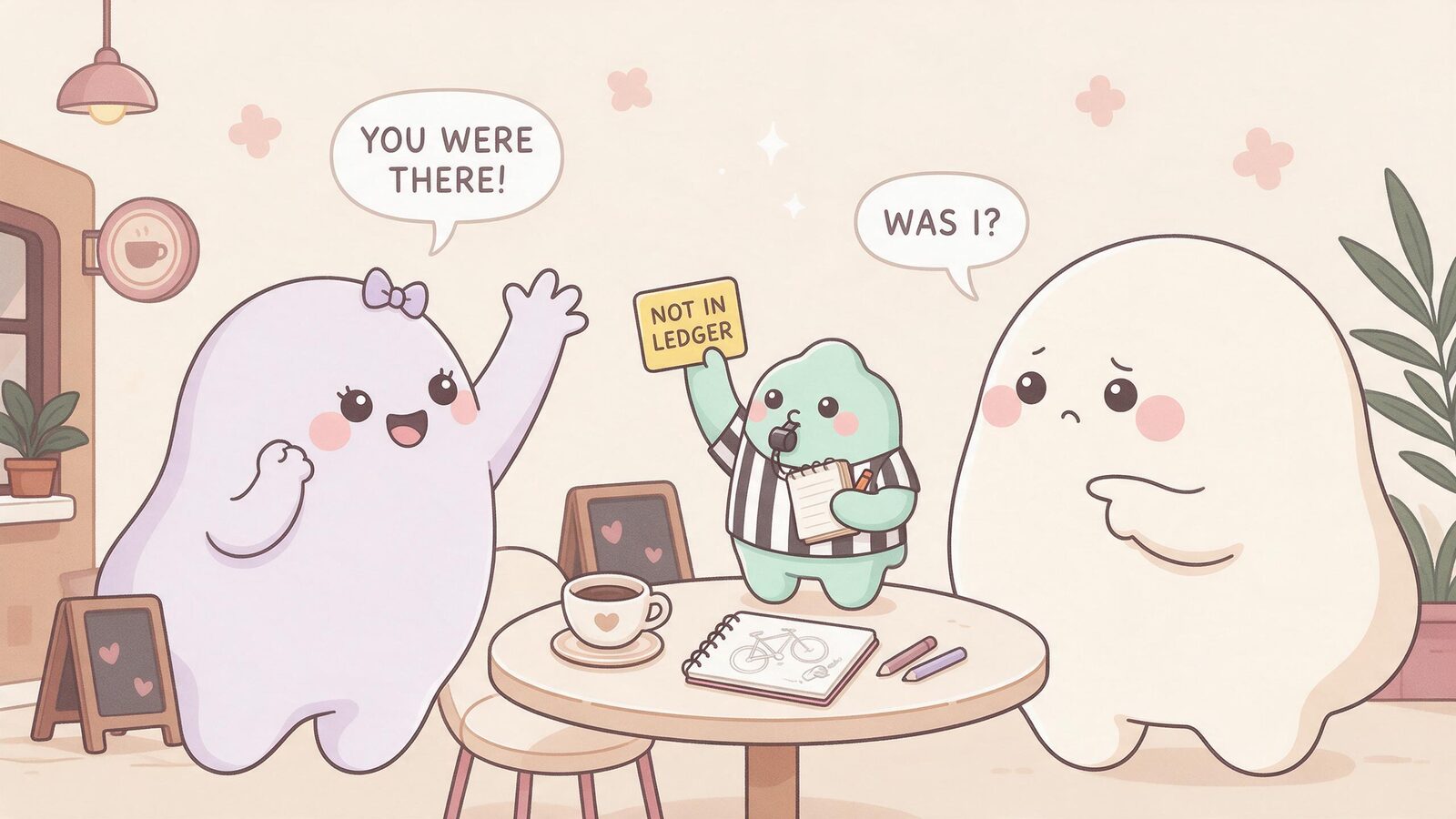 A referee blob holds up a yellow card reading Not In Ledger as a lavender companion blob wrongly claims the user joined his café visit — unsupported story additions.