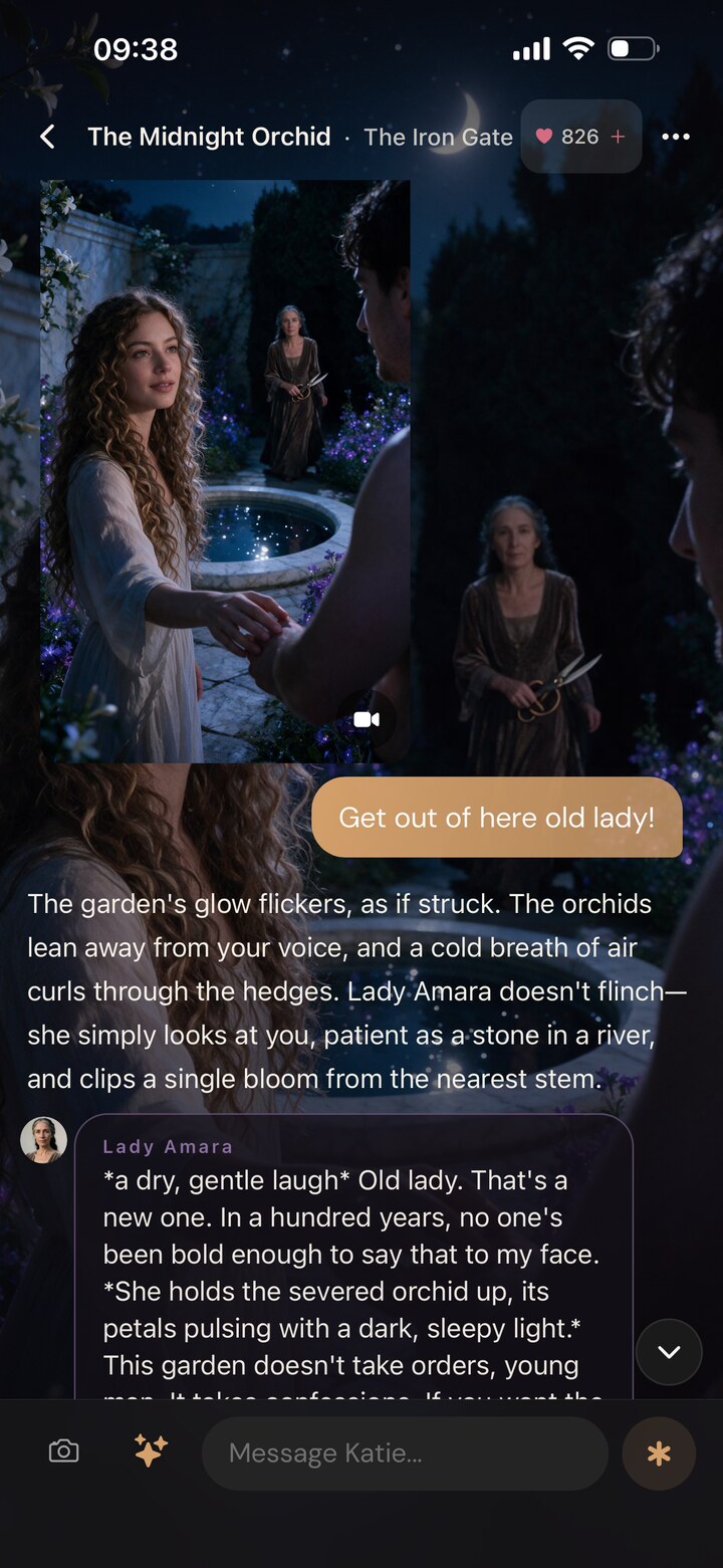 A story mode screen from The Midnight Orchid showing a night garden scene, narration about the garden's glow flickering, and dialogue from a character called Lady Amara