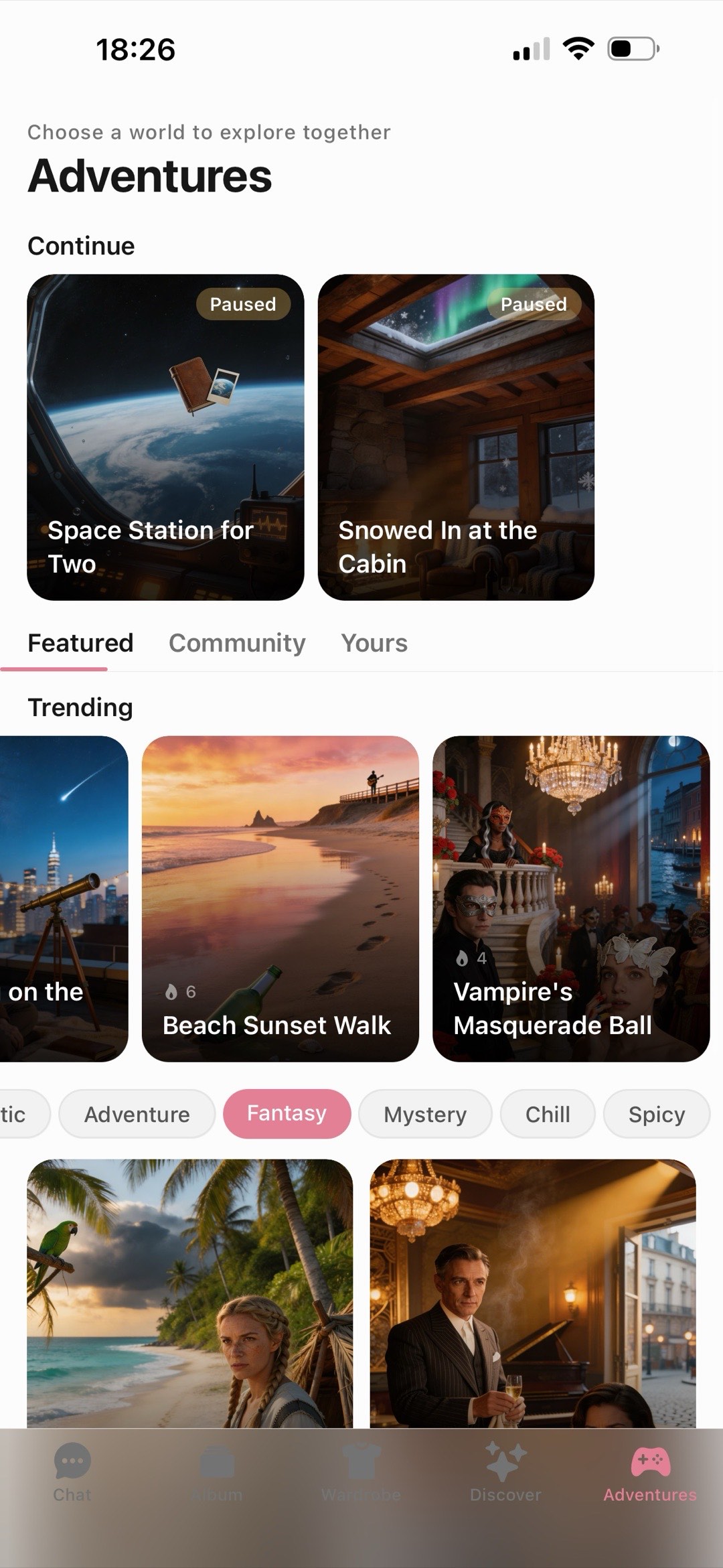 Kissable's Adventures tab, where you browse trending scenarios or pick a paused one back up