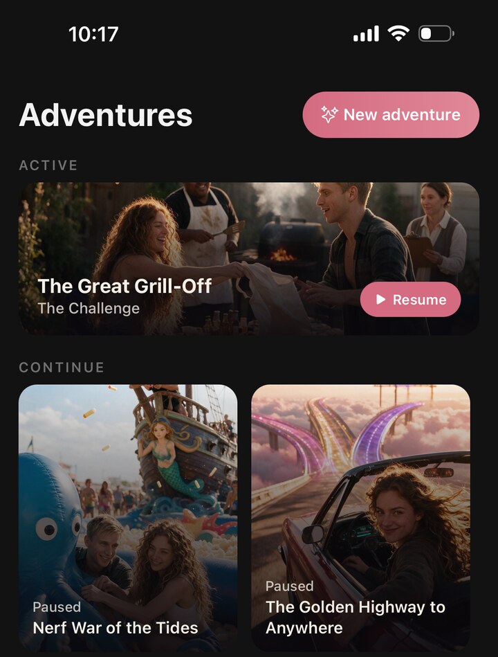 An adventures library screen showing an active story with a resume button above two paused stories