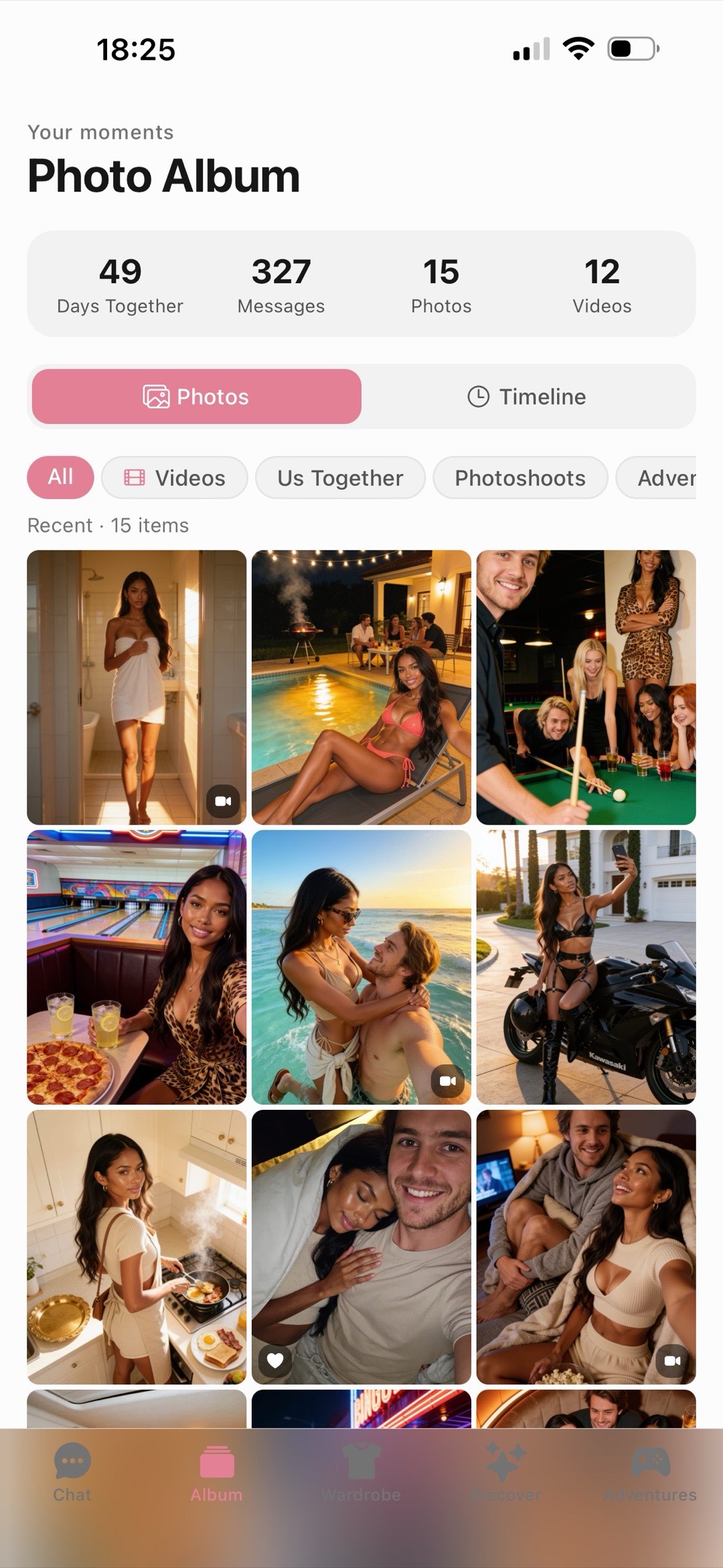Kissable photo album after 49 days together: 327 messages, 15 photos, and 12 videos saved permanently: what an AI girlfriend looks like when the app never forgets