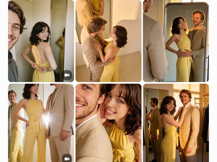 A photo album grid showing the same woman in a yellow outfit across six photos in different rooms and poses, several with the same man beside her, all recognisably one person