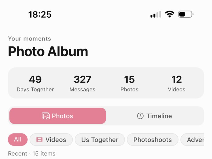 A photo album header showing 49 days together, 327 messages, 15 photos and 12 videos, with filter tabs for videos, us together, photoshoots and adventures
