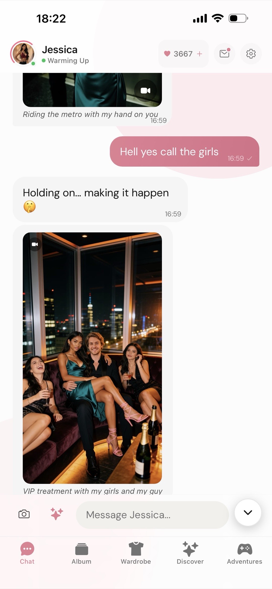 Her crew in the frame: a captioned group photo lands mid-chat, exactly the VIP scene the conversation set up