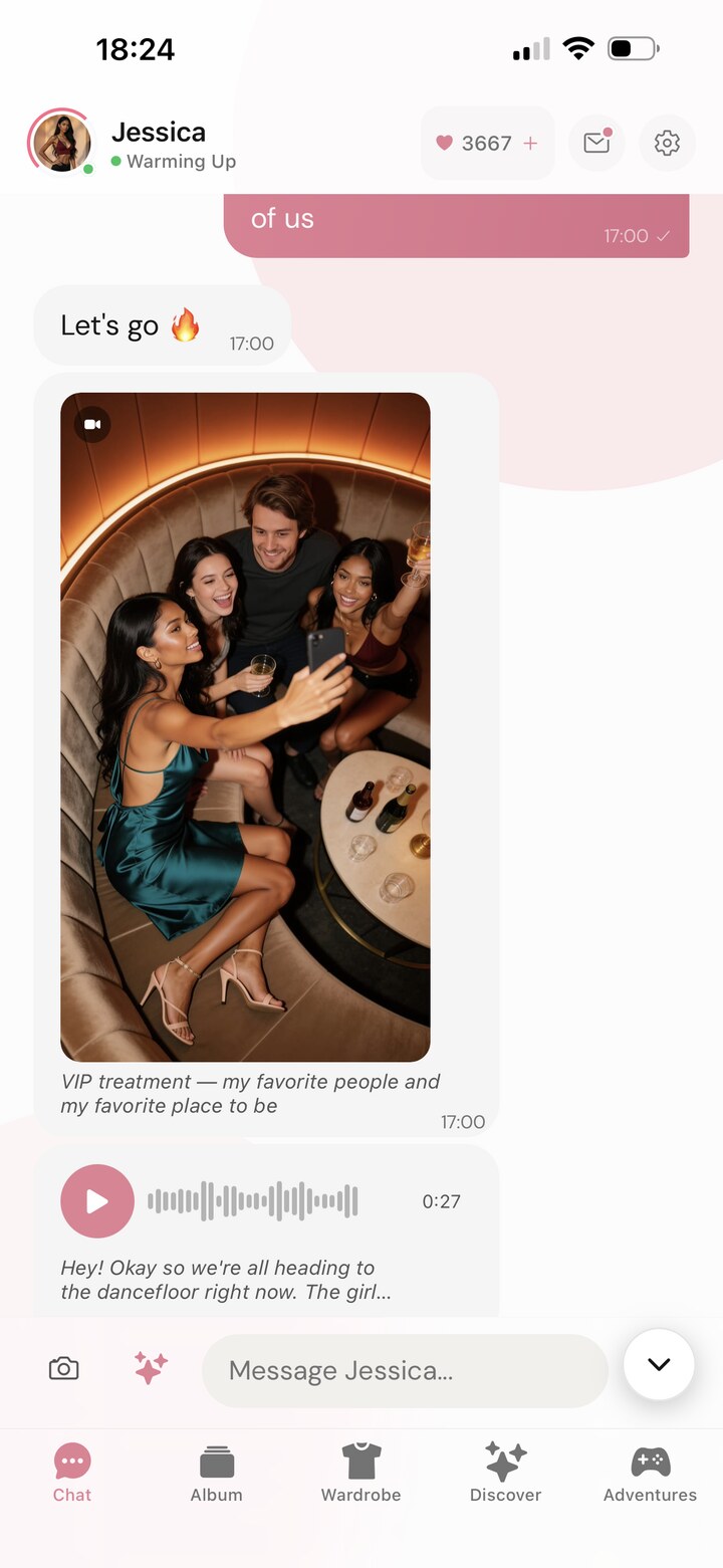 A chat screen with a photo bubble showing a night out, an italic caption reading VIP treatment, my favorite people and my favorite place to be, and a voice message below it with a waveform and a 27 second duration