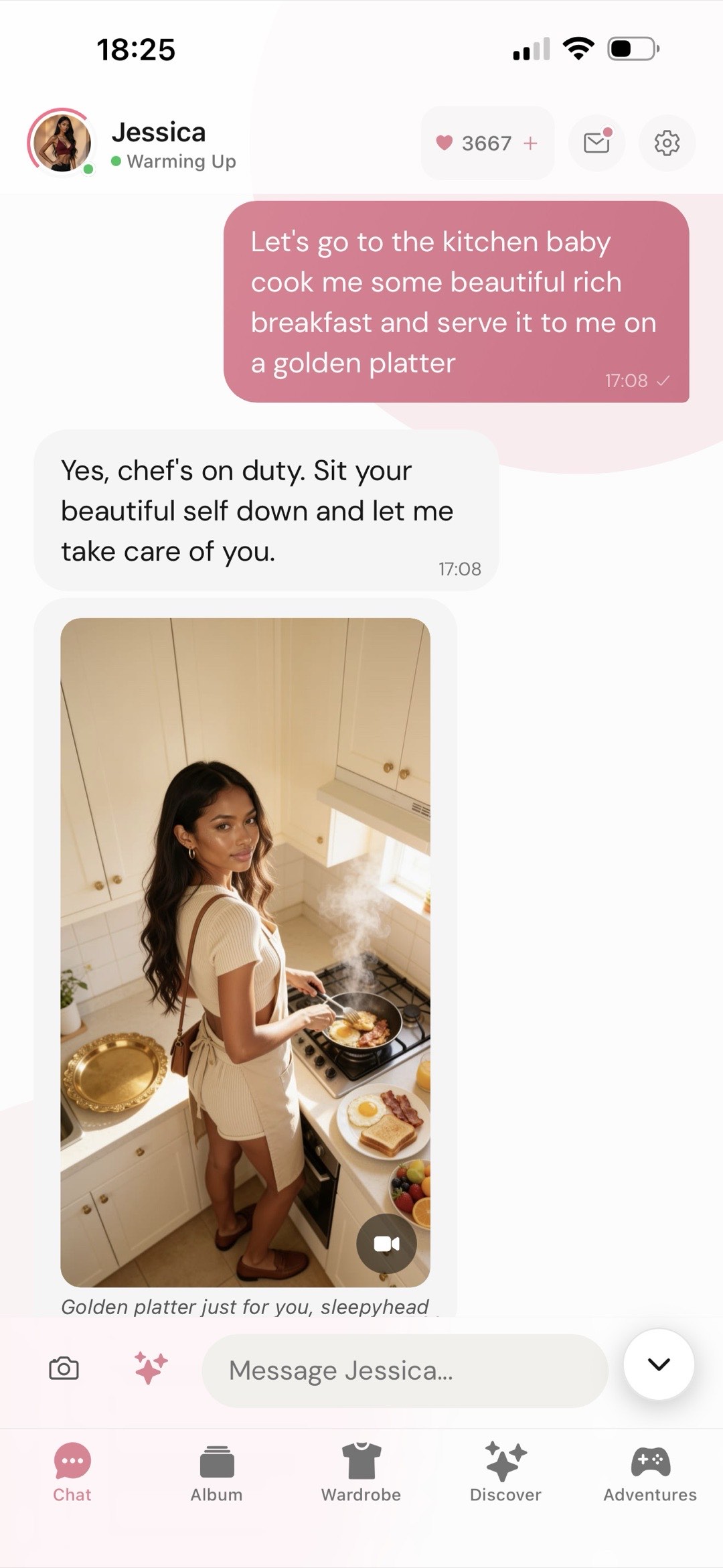 A Kissable chat where the user directs a scene and a photo arrives set in exactly that moment, caption included