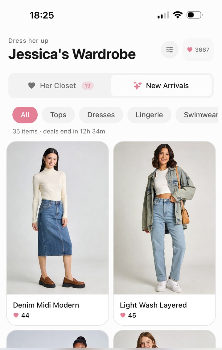 A wardrobe screen showing a denim midi skirt outfit and a light wash layered denim outfit, each with a heart price, above a row of category filters