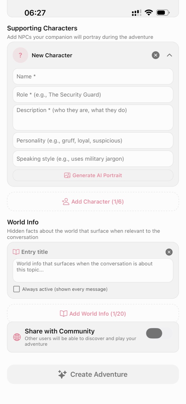 A screenshot of Kissable's scenario creator showing the NPC editor: name, role, personality, speaking style, a Generate AI Portrait button, an Add Character (1 of 6) control, and a World Info lorebook with an Add World Info (1 of 20) control, proving the multi-NPC and lorebook depth is real