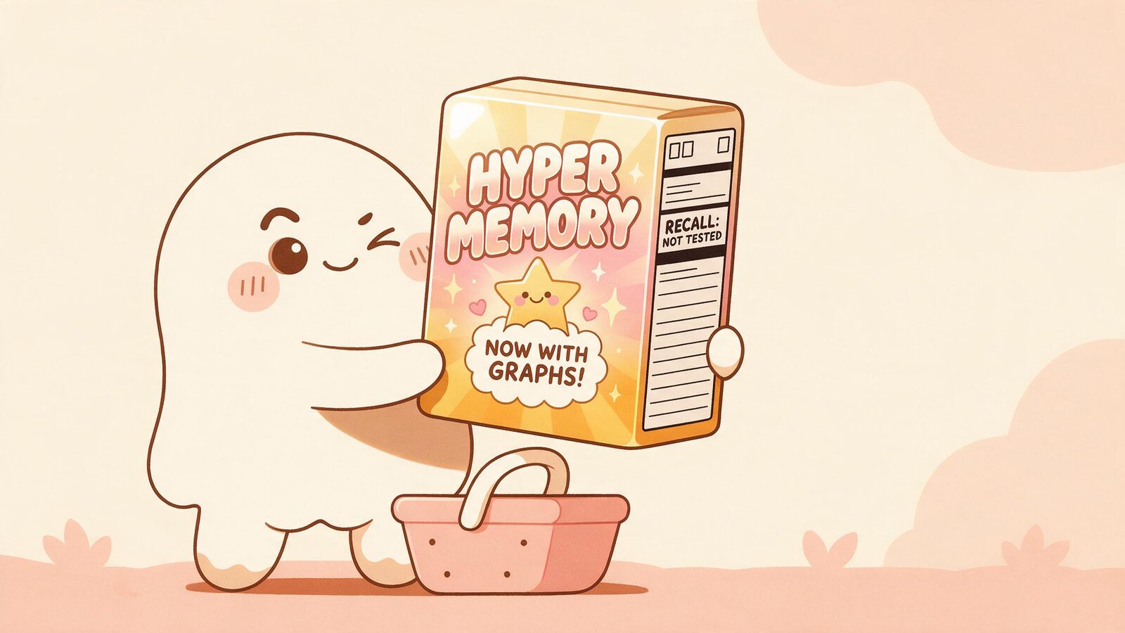 Cream blob squints at a cereal box called Hyper Memory, boasting Now With Graphs, whose nutrition label reads Recall: Not Tested, a parody of memory feature names.