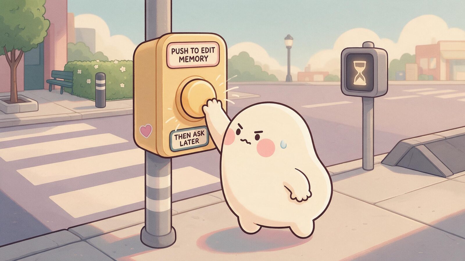Cream blob repeatedly presses a crosswalk-style button labeled Push to Edit Memory, with a smaller sign below reading Then Ask Later and an hourglass signal across the street.