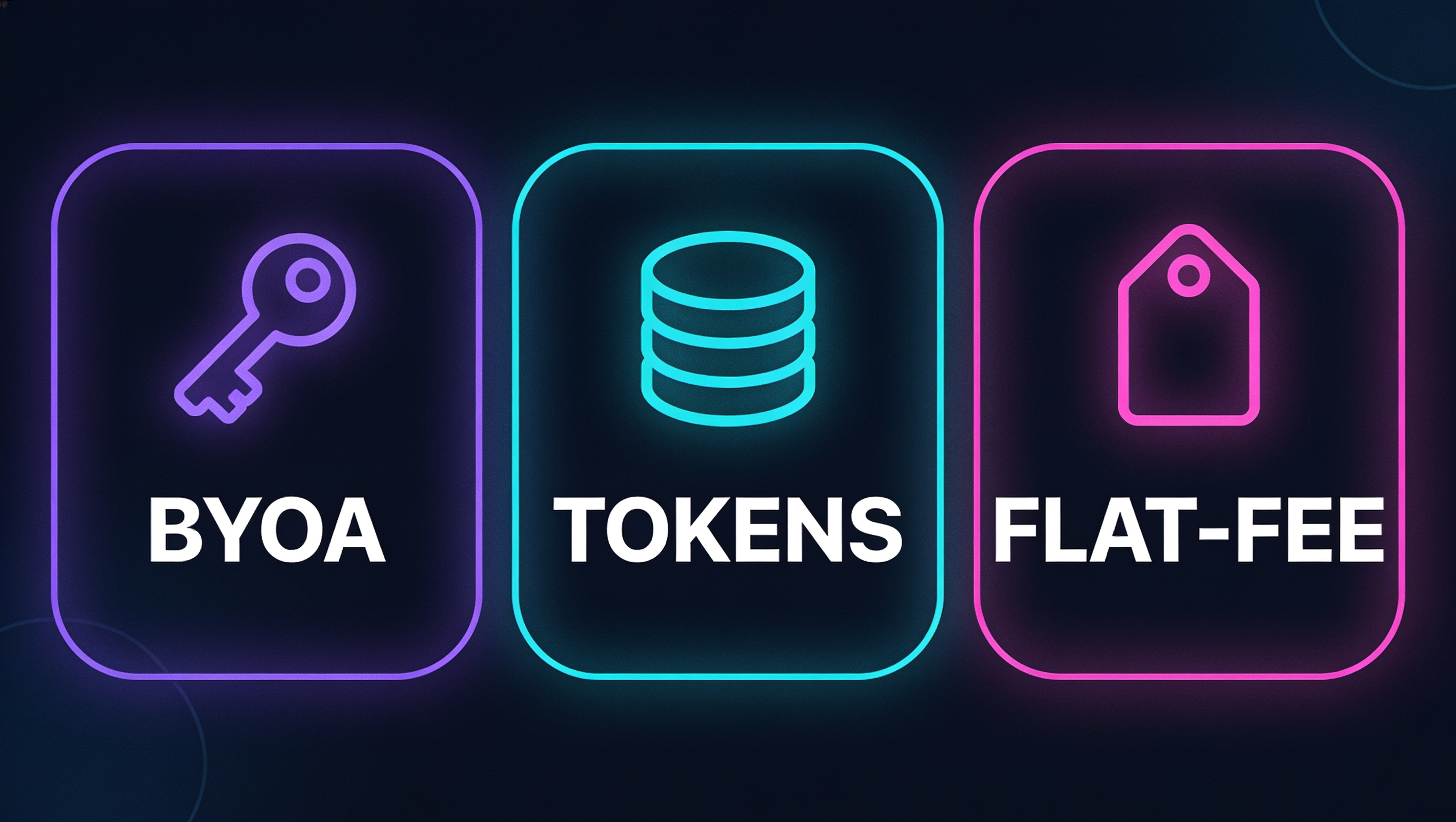 Diagram of the three types of uncensored AI platforms shown as three separate cards: BYOA (bring your own API key), token-metered, and flat-fee subscription
