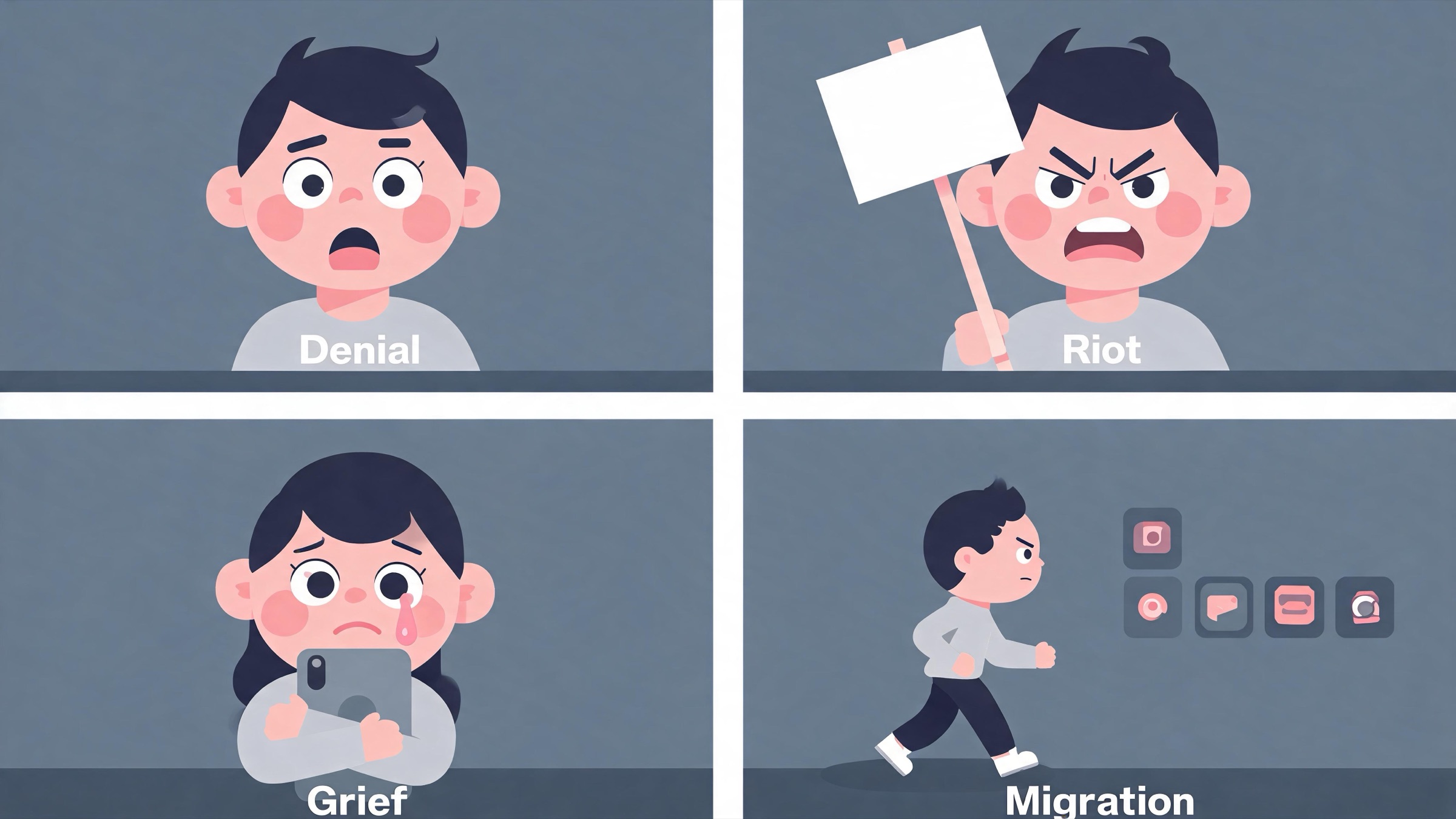 Lighthearted four-panel grief-stages meme depicting the r/Replika community reaction to the NSFW removal, from denial to migrating to other apps