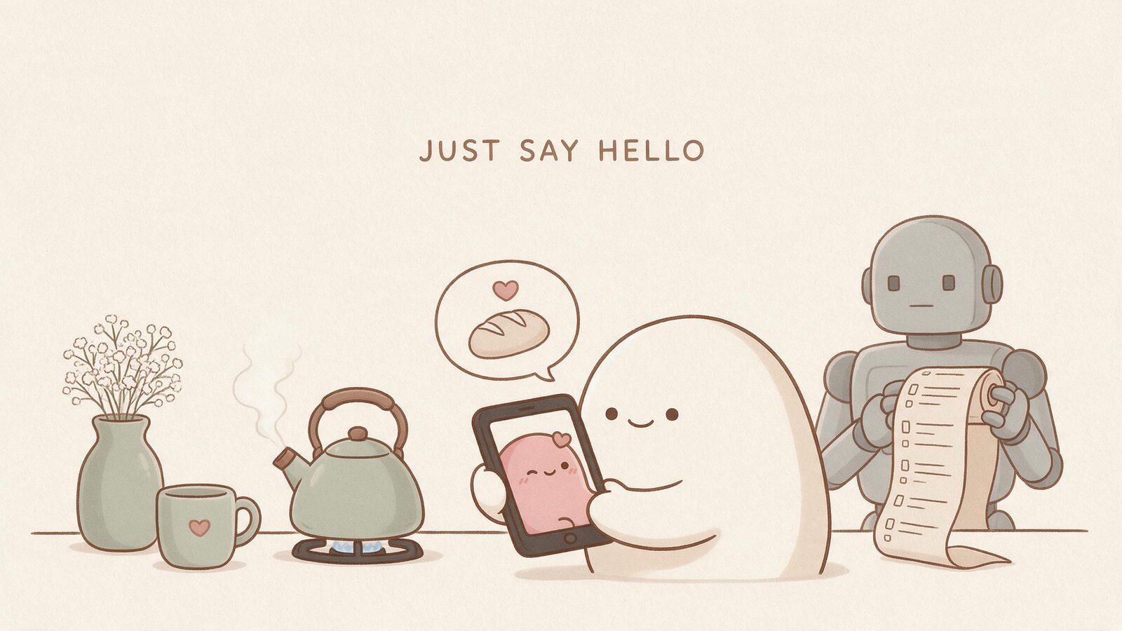 A quick affectionate phone greeting fits beside the kettle while a robot's giant agenda goes ignored.