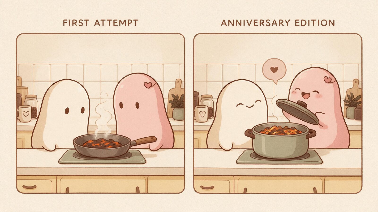 The pair revisit their first cooking disaster with a new, equally memorable anniversary attempt.