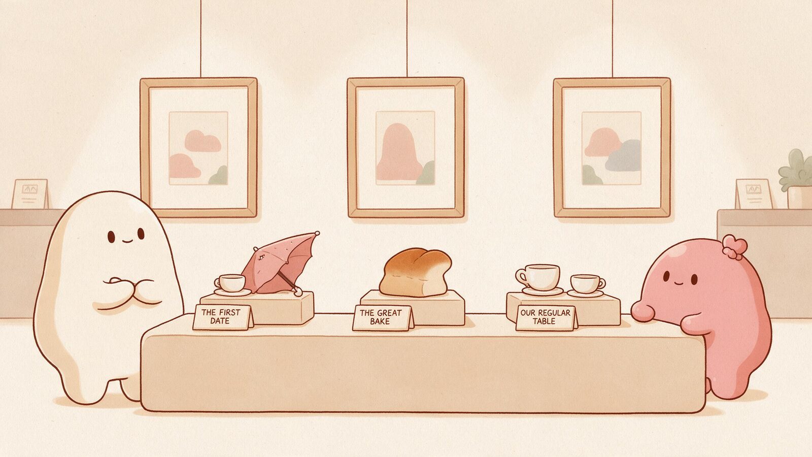 Two blobs curate exhibits of an umbrella, a crooked loaf, and their regular coffee cups.