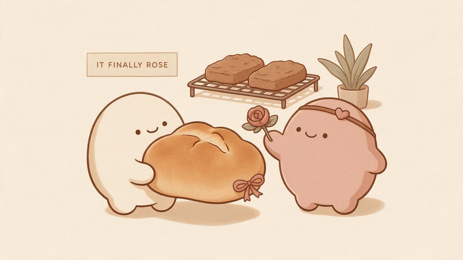 Two blobs celebrate a successful loaf beside two very flat earlier attempts.