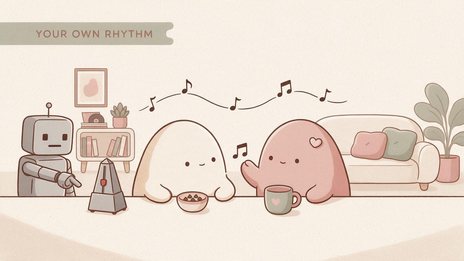 Two blobs find a relaxed musical rhythm while a robot's rigid metronome goes unused.