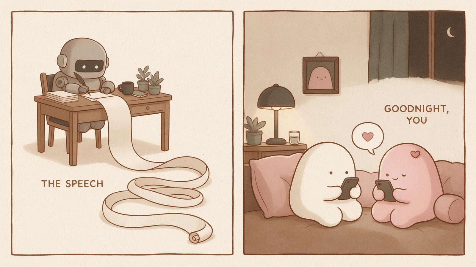 A robot's endless speech contrasts with a brief affectionate goodnight.