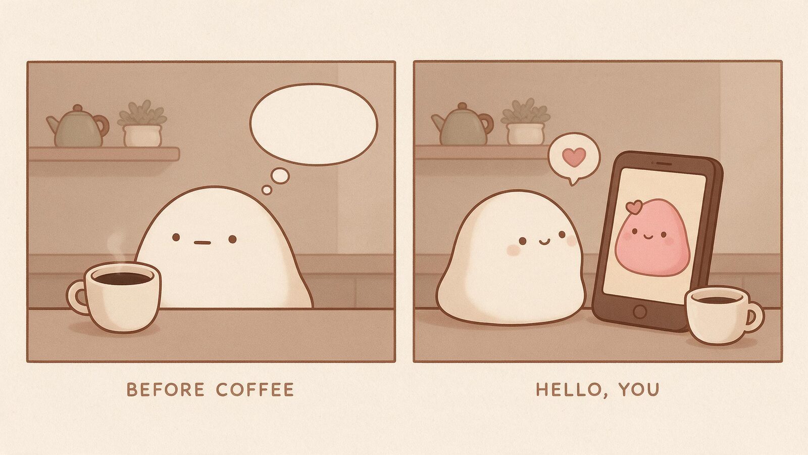 A sleepy cream blob finds an affectionate greeting after the first sip of coffee.