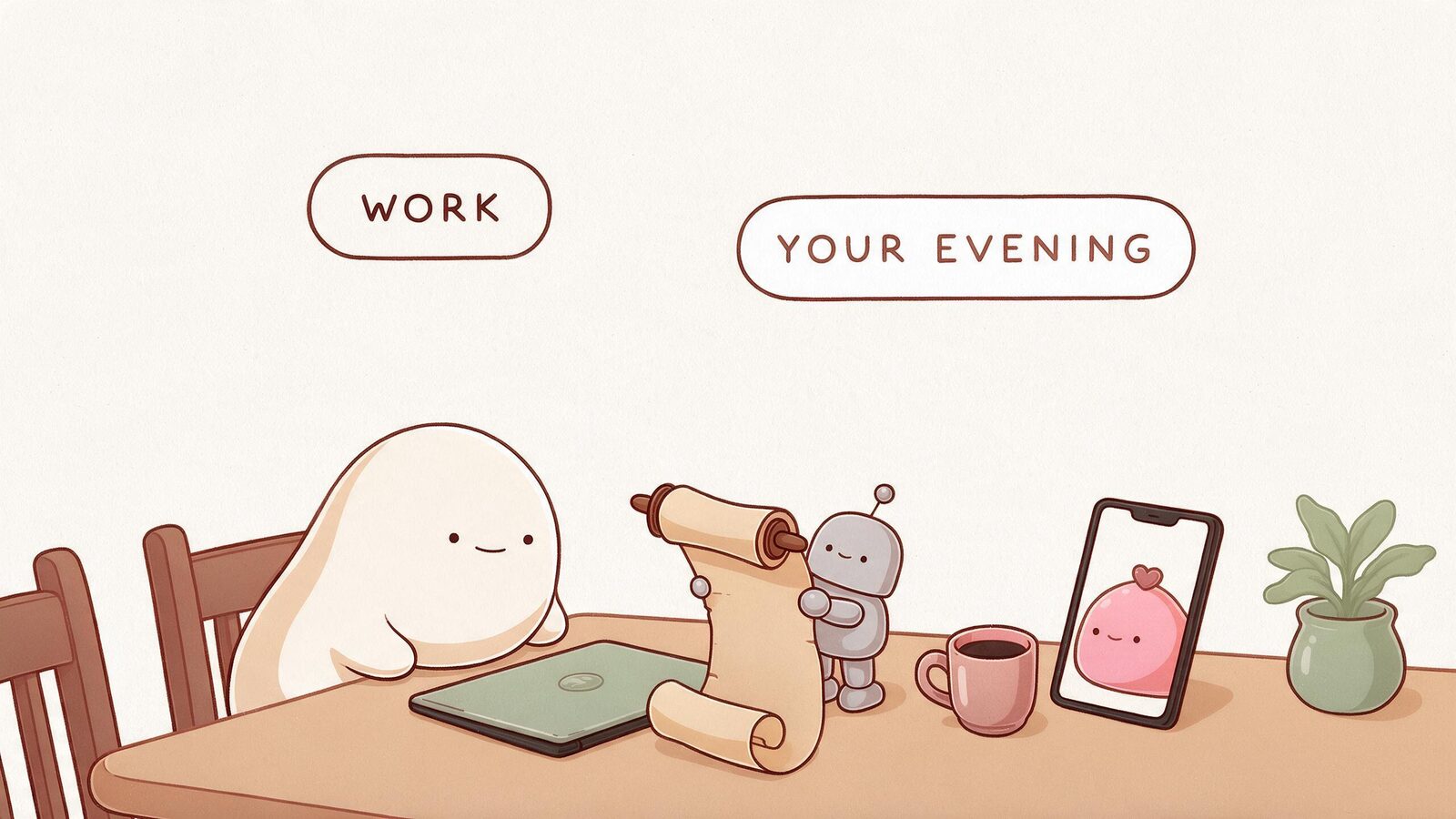 The reader puts away work and makes space for a warm evening conversation while a robot holds an unnecessary to-do scroll.