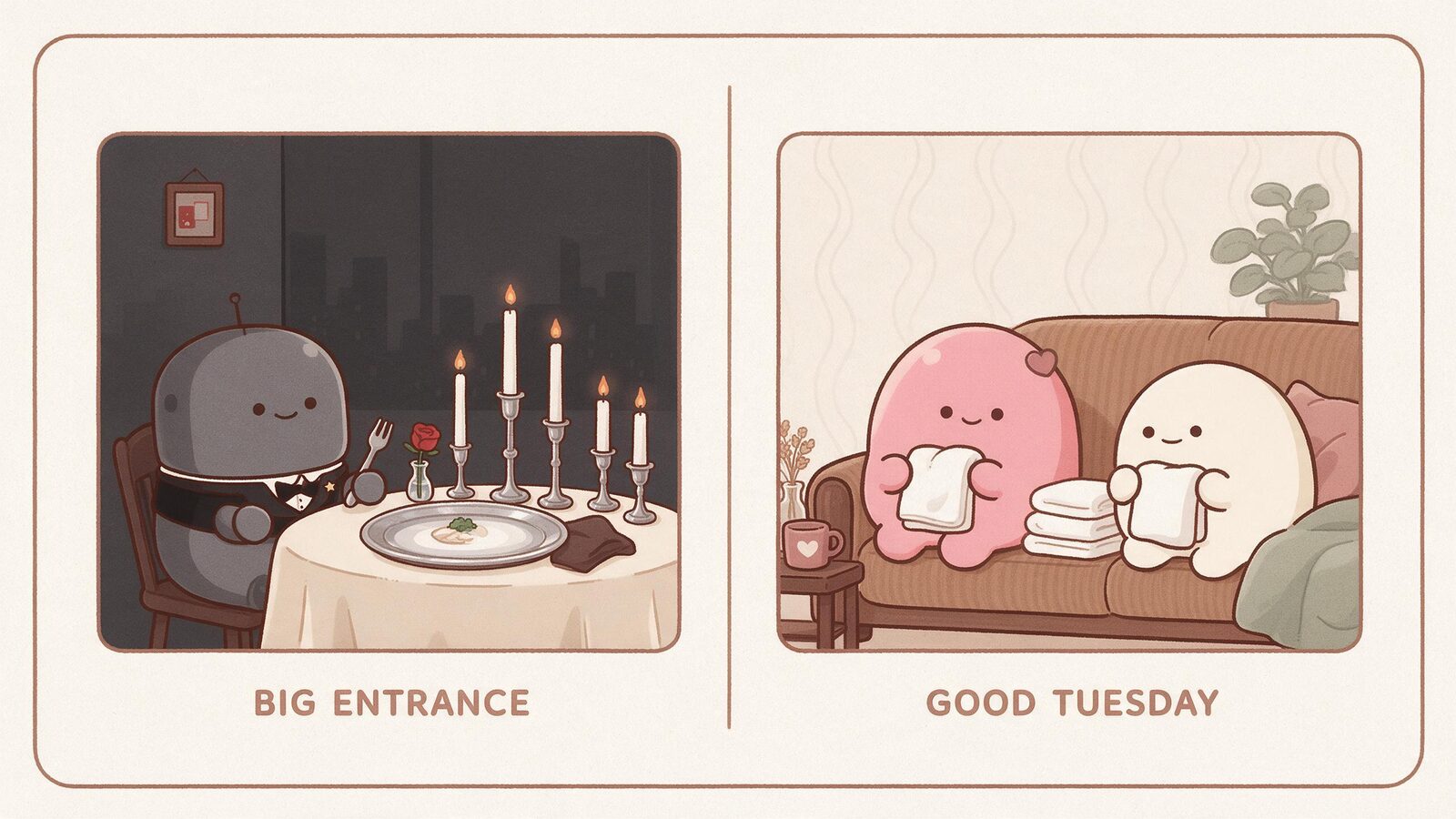 Two-panel cartoon contrasts an overdecorated romantic entrance with two blobs enjoying an ordinary evening folding towels.