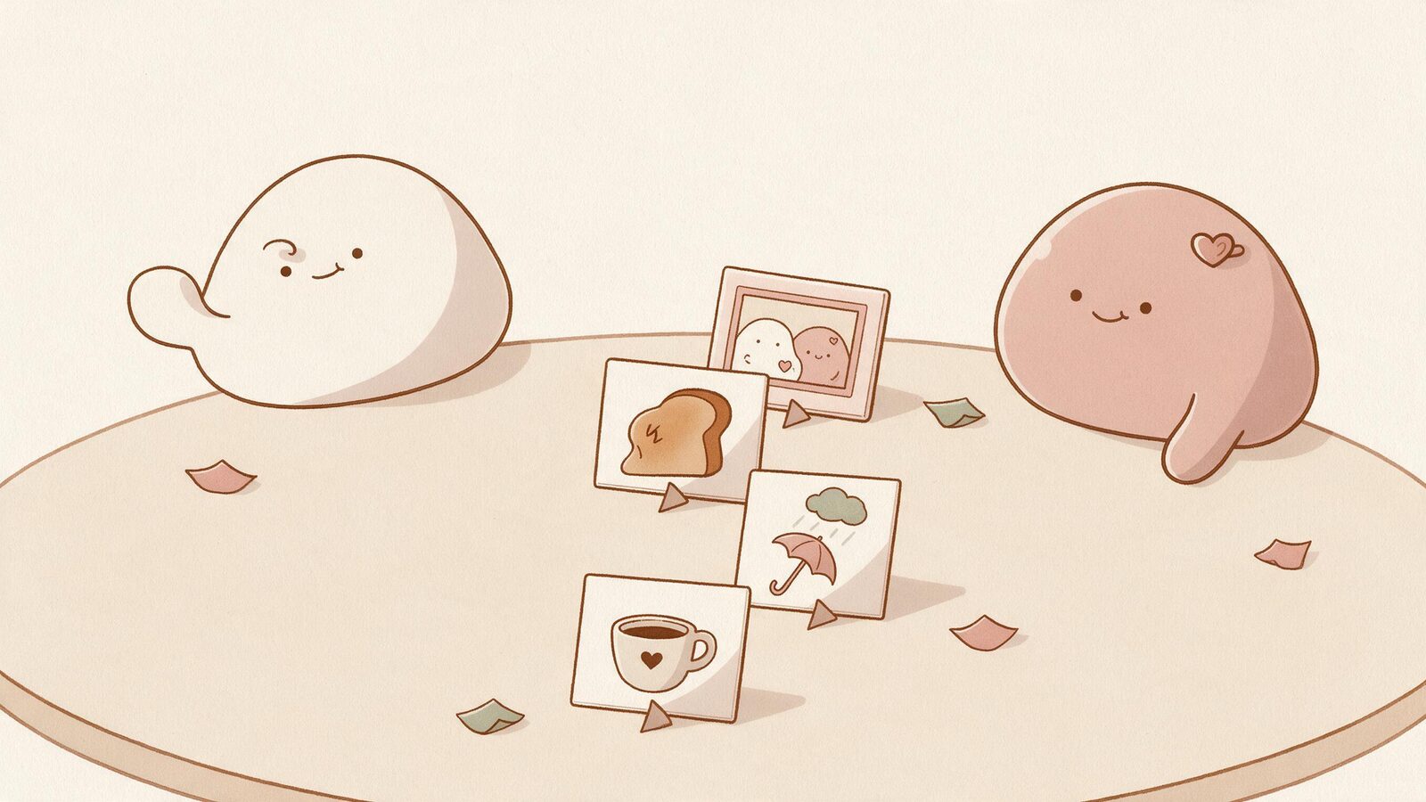 Cream and pink blobs arrange illustrated mementos of coffee, a rainy walk, a crooked loaf, and a shared photo.