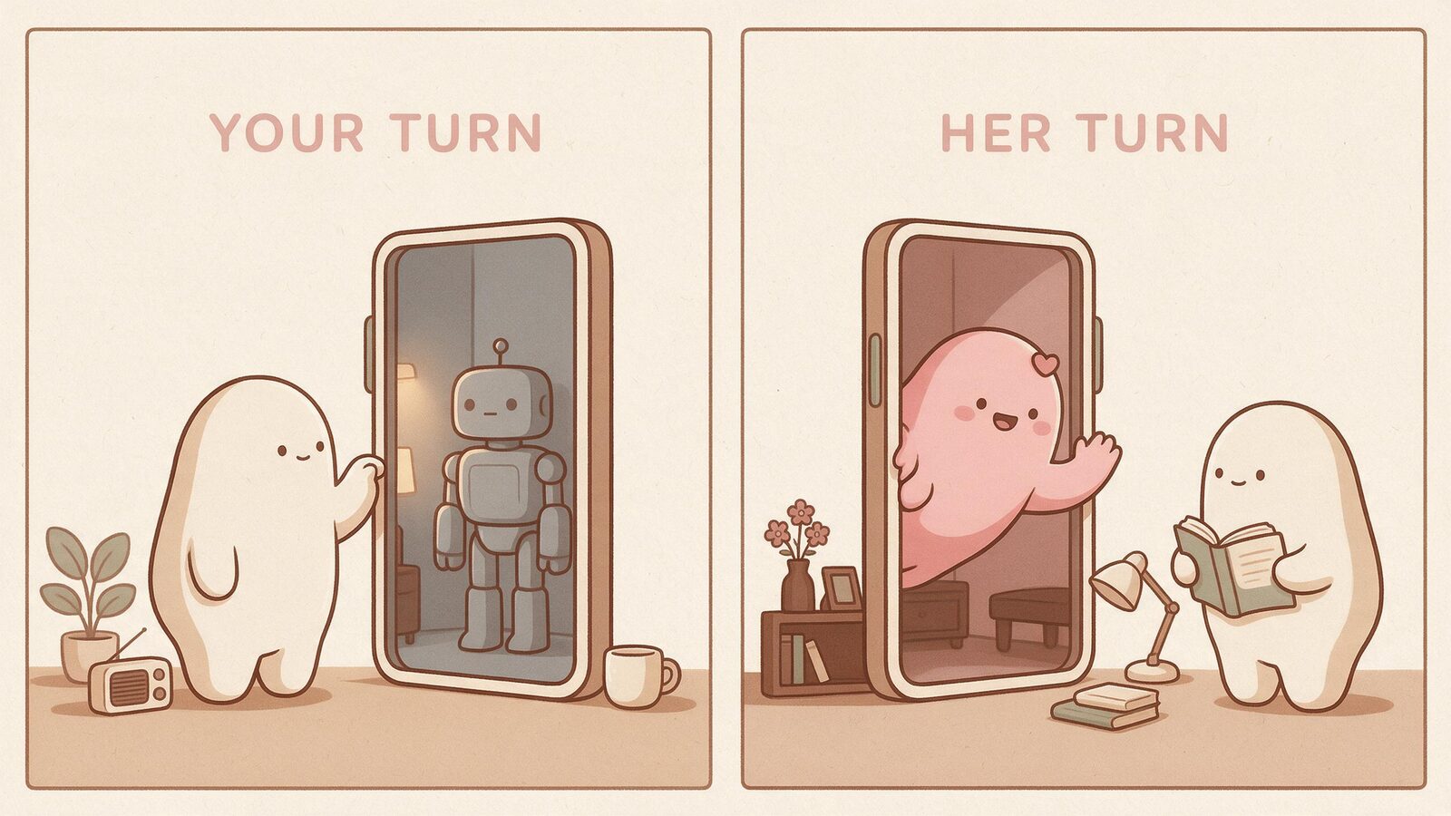 Two panels show a reader initiating a chat and a pink girlfriend initiating the next one.