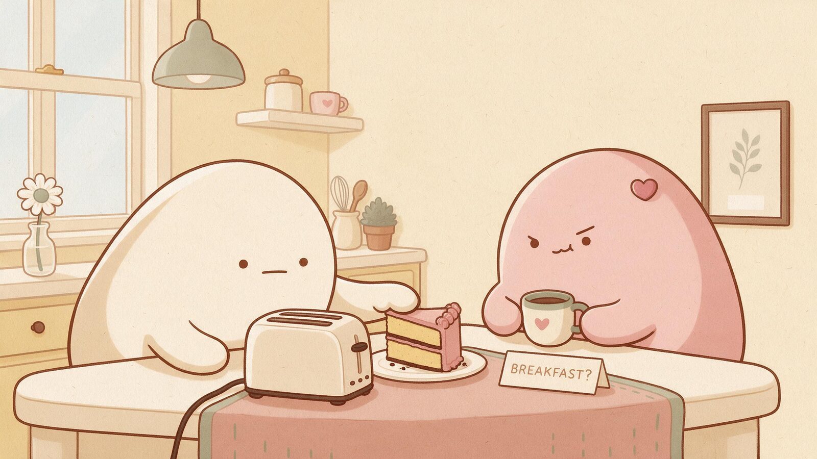 A cream blob presents cake beside a toaster to a skeptical pink girlfriend.