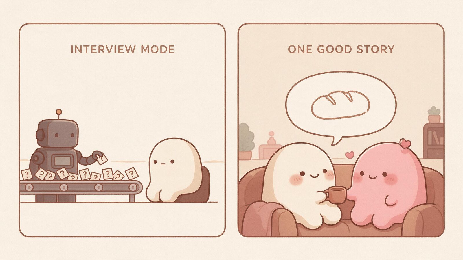 A grey robot delivers endless question cards while two blobs enjoy one story about an uneven loaf.