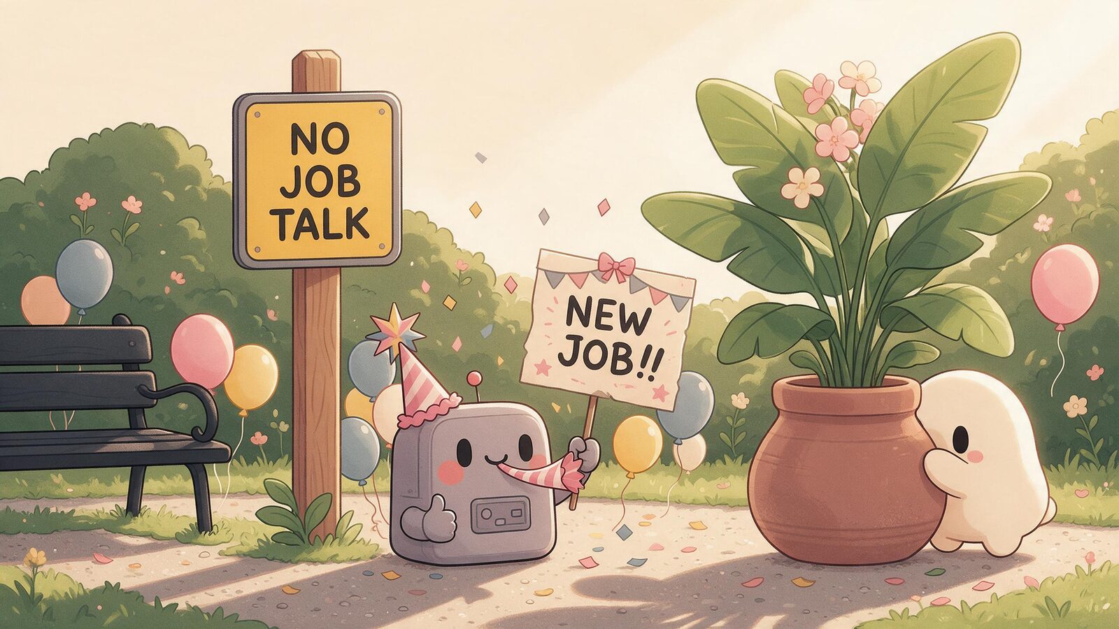 Grey robot blob in a party hat celebrates with a New Job sign directly beneath a sign reading No Job Talk, while the cream blob hides behind a plant.