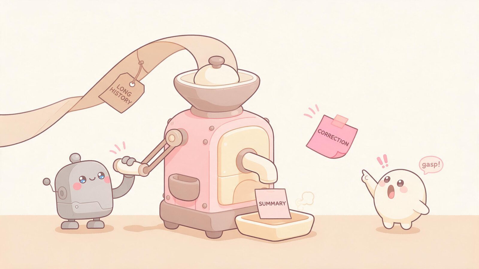 Grey robot blob cranks a press squeezing a long scroll into a tiny summary card while a pink correction note falls out behind, spotted by a cream blob.