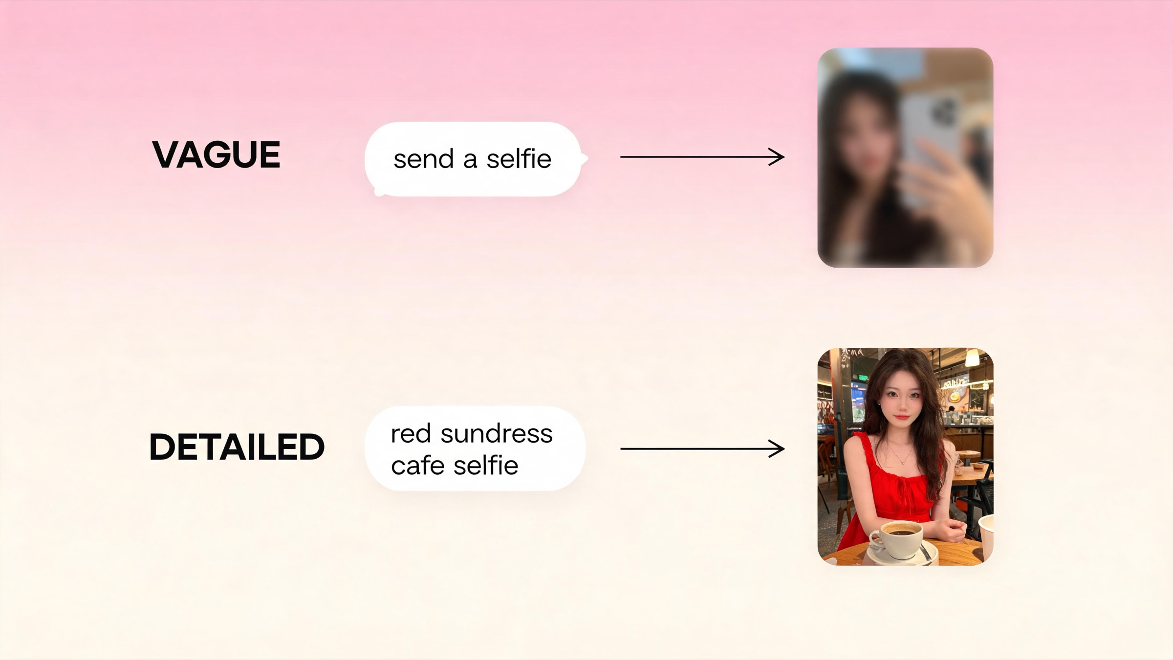 Diagram showing how a vague AI image prompt produces a generic photo while a detailed scene prompt produces a clear, contextual selfie