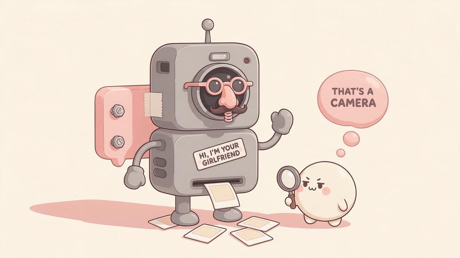 A grey camera robot in a fake-moustache disguise with a chat bubble bolted on claims to be a girlfriend while a skeptical cream blob inspects it.