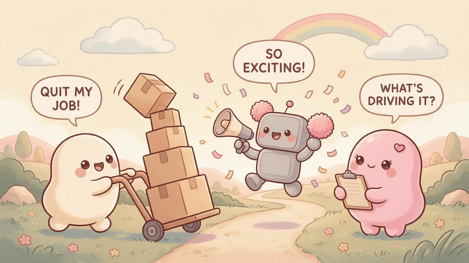 A grey robot cheerleader with pom-poms cheers a cream blob's impulsive job quit while a pink blob calmly asks a question — sycophantic versus honest AI replies.