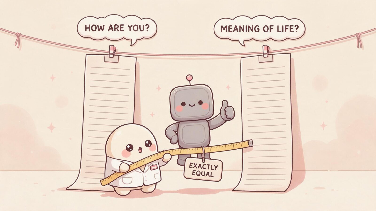 A cream blob in a lab coat measures two identical long scrolls answering how are you and meaning of life — uniform AI reply length as a robotic tell.