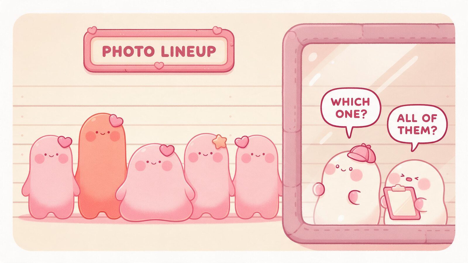 A police lineup of five slightly different pink blobs while a cream blob witness with a clipboard guesses all of them, a joke about AI girlfriend photos changing face.
