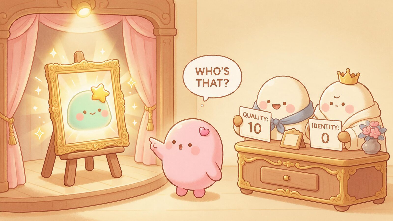 Two cream blob judges score a glowing portrait of a green blob 10 for quality and 0 for identity while the real pink blob girlfriend asks who that is.