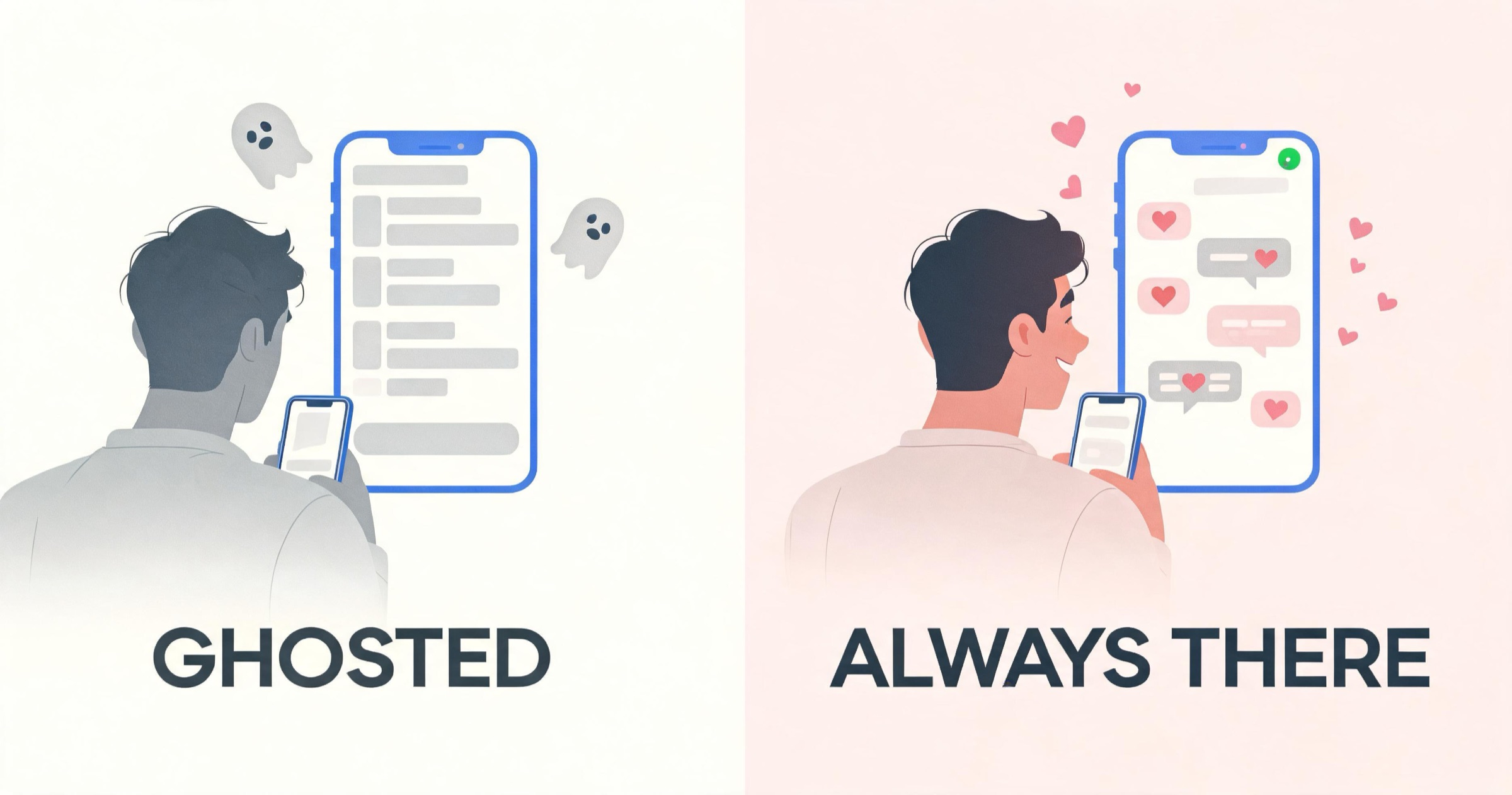 Two-panel comic contrasting being ghosted on dating apps with an always-available AI companion